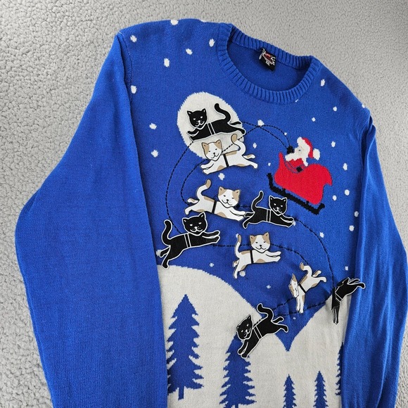 Well Worn Ugly Christmas Sweater Womens XXL Blue Santa‎ Cats Winter Holiday - Picture 2 of 15